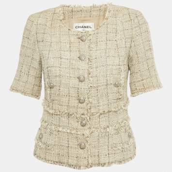 Pre Owned Chanel Beige Tweed Lamé Raw Edge Jacket M