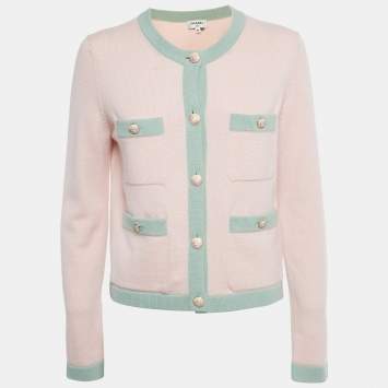 Pre Owned Chanel Pink /Mint Green Cashmere Pocket Front Cardigan M
