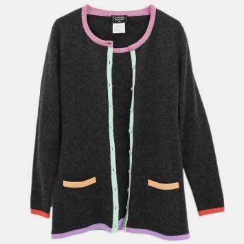 Pre Owned Chanel Gray Ensemble Cardigan Short Sleeve Top 98C L