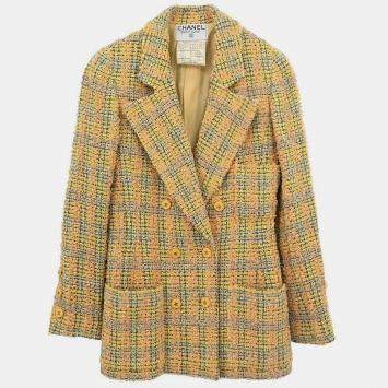 Pre Owned Chanel Double Breasted Jacket Tweed Yellow 94A #36