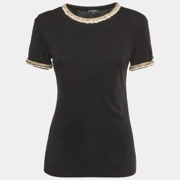Pre Owned Chanel Black Braided Trim Jersey T-Shirt S
