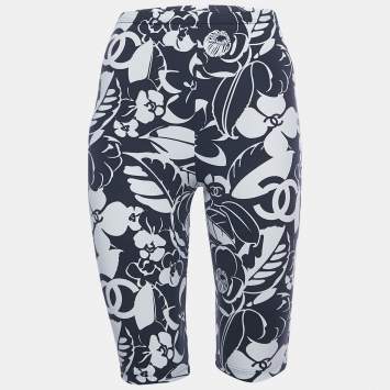 Pre Owned Chanel Navy Blue/White Floral Print Jersey Biker Shorts S