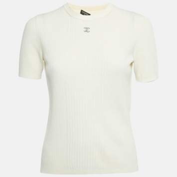Pre Owned Chanel Cream Logo Embroidered Rib Knit Top S