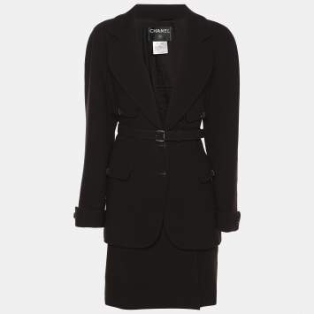 Pre Owned Chanel Brown Wool Belted Blazer & Skirt Set L
