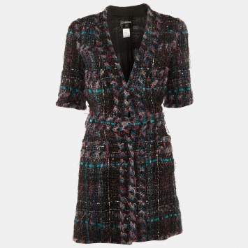 مملوكة مسبقًا Chanel Black/Purple Tweed Belted Long Jacket M 