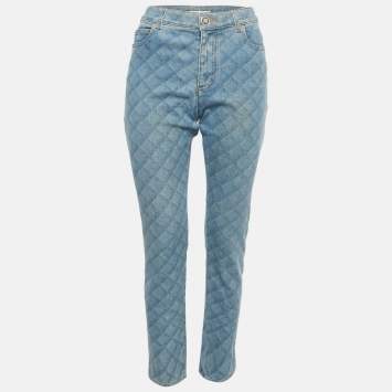 Pre Owned Chanel Blue Pattered Denim Slim Fit Jeans L Waist 27"