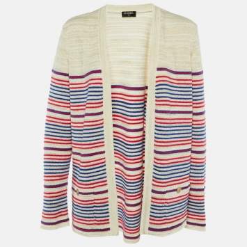 Pre Owned Chanel Ivory Striped Lurex Linen & Cashmere Open Front Cardigan XL