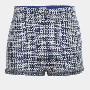 Pre Owned Chanel Blue /White Tweed Frayed Hem Mini Shorts M