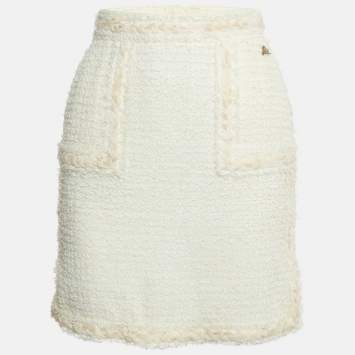 Pre Owned Chanel White Tweed Pencil Skirt S