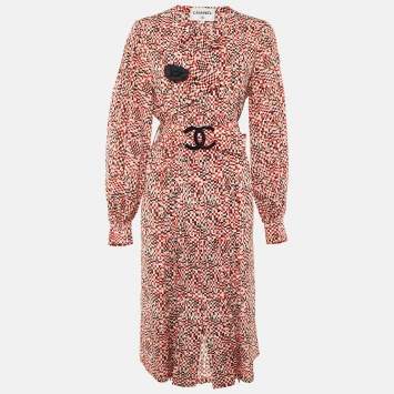 Pre Owned Chanel Red CC Check Print Silk Belted Midi Dress M