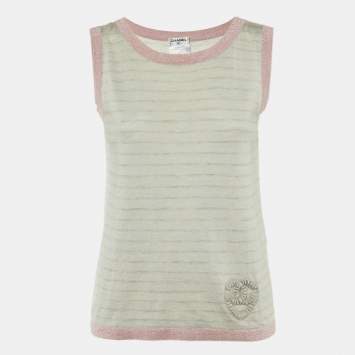 Pre Owned Chanel Grey Patterned Sleeveless Cashmere Blend Knit Top L