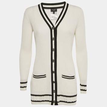 Pre Owned Chanel White Rib Knit Button Detail Cardigan M