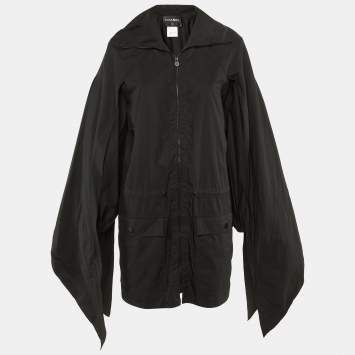 مملوكة مسبقًا جاكيت شانيل قطن ونيلون أسود بتفاصيل ربطة الأكمام مقاوم للرياح مقاس صغير (سمول)