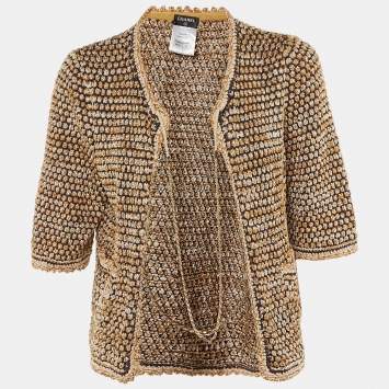 Pre Owned سترة شانيل تويد تفاصيل سلسلة أزرق كحلي / بيج مفتوحة من الأمام مقاس كبير (لارج)