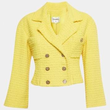 Pre Owned Chanel Yellow Tweed Cropped Jacket S