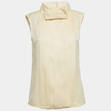 مملوكة مسبقًا Chanel Cream Houndstooth Silk Pleated Top M