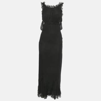 Pre Owned Chanel Black Silk Lace Detail Sheer Maxi Dress S