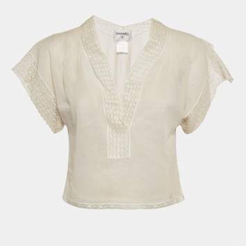 Pre Owned Chanel White Cotton Short Sleeve Blouse S
