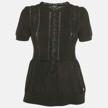 مملوكة مسبقًا Chanel Black Cotton Knit Short Sleeve Top L