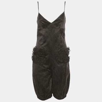 Pre Owned Chanel Black Floral Applique Silk Blend Playsuit S