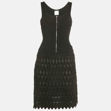 Pre Owned Chanel Black Textured Knit Detail Mini Dress S