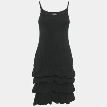 Pre Owned Chanel Black Wool Knit Ruffled Mini Dress S