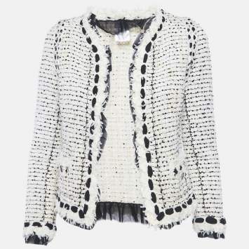 Pre Owned Chanel White/Black Tweed Open Front Jacket S