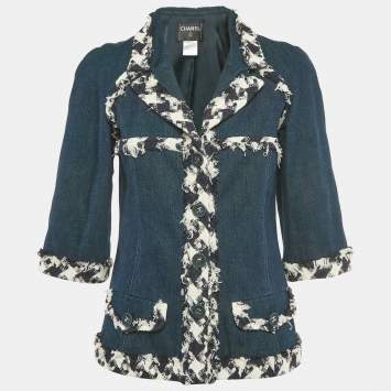 Pre Owned Chanel Navy Blue Raw Edge Denim Jacket M