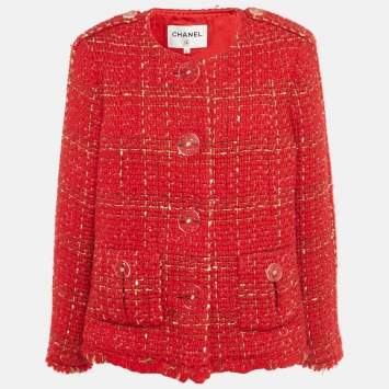 Pre Owned Chanel Red Tweed Big Buttons Jacket XXL