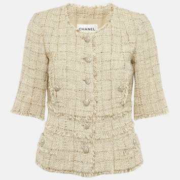 Pre Owned Chanel Beige Tweed Short Sleeve Jacket M