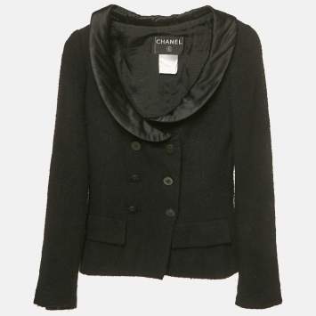 Pre Owned Chanel Black Satin Collar Tweed Jacket S