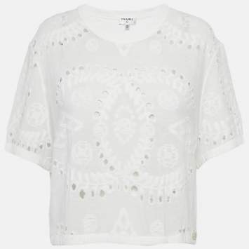 مملوكة مسبقًا Chanel White Broderie Anglaise Jersey Crop Top M