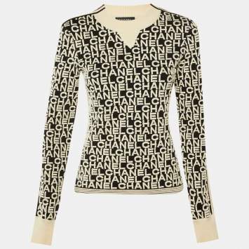 Pre Owned كنزة شانيل مونوكروم شعار جاكار مزيج صوف مقاس وسط (ميديوم)