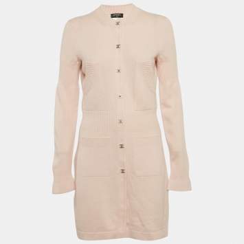 Pre Owned Chanel Pink Cashmere Knit CC Closure Detail Mini Dress M
