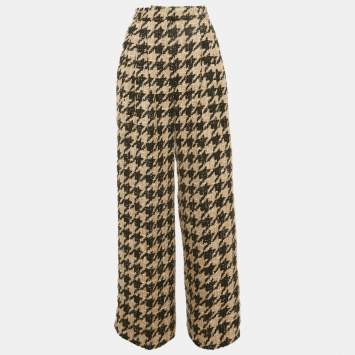 Pre Owned Chanel Beige/Black Houndstooth Tweed Lurex Trousers S