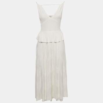 Pre Owned Chanel White Textured Knit Ruffled Midi Dress M