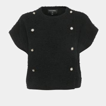 مملوكة مسبقًا جاكيت شانيل أسود تويد مع طبقة خارجية بأكمام قصيرة مقاس متوسط ( ميديم )