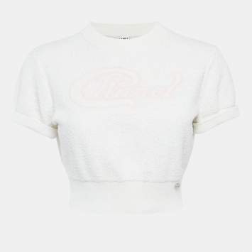 Pre Owned توب شانيل قصير تيري أبيض بشعار منسوج مقاس وسط