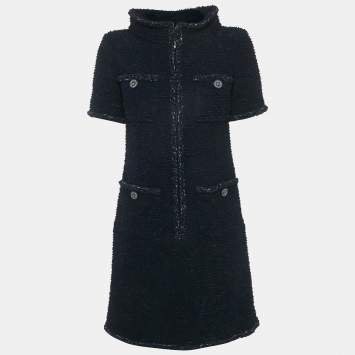 مملوكة مسبقًا Chanel Blue Tweed Zip-Up Mini Dress S