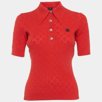 Pre Owned Chanel Red Pointelle Knit CC Detail Polo T-Shirt M