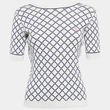 Pre Owned ChaneL White/Blue Patterned Rib Knit CC Detail Top M