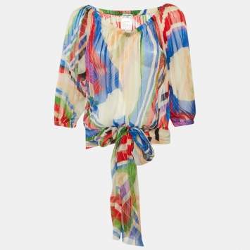 Pre Owned Chanel Multicolor Printed Silk Tie Up Sheer Blouse M