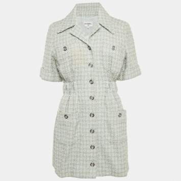 Pre Owned Chanel Blue Tweed Collared Mini Dress M