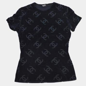 Pre Owned Chanel Round Neck Short Sleeve T-Shirt Top Black L