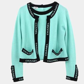 Pre Owned Chanel Ensemble Cardigan Short Sleeve Top Light Green
