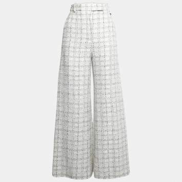 Pre Owned Chanel White Checkered Tweed Trousers S