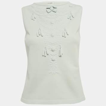Pre Owned Chanel Blue Stretch Knit Tassel Detail Sleeveless Top M