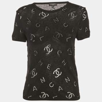 Pre Owned Chanel Black CC Logo Embroidered Eyelet Cotton Blend Short Sleeve T-Shirt S