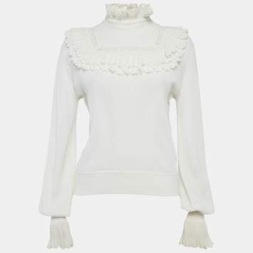 Pre Owned Chanel Cream Knit Frill Detail Jumper M