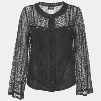 مملوكة مسبقًا Chanel Black Floral Lace Detail Top L
